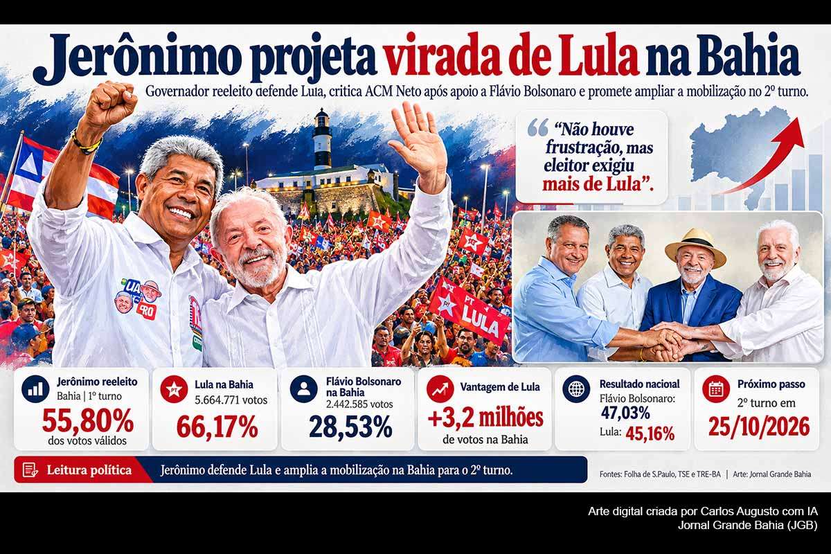 Reeleito governador da Bahia no primeiro turno, Jerônimo Rodrigues avaliou que o eleitorado passou a exigir resultados adicionais de Lula, que venceu amplamente no estado, mas terminou atrás de Flávio Bolsonaro na votação nacional. A Bahia deu ao petista vantagem superior a 3,2 milhões de votos. Até o segundo turno de 25/10/2026, Jerônimo pretende ampliar essa margem enquanto prepara novo mandato com foco em educação integral, saúde e segurança pública.