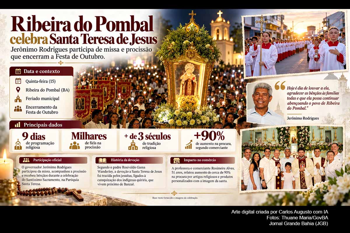 Milhares de fiéis participaram, em 15/10/2026, da celebração de Santa Teresa de Jesus em Ribeira do Pombal. O governador Jerônimo Rodrigues acompanhou missa e procissão no encerramento dos nove dias da Festa de Outubro. A tradição está relacionada à formação histórica do município e à atuação jesuíta na região. No comércio, Rosimeire Alves relatou crescimento de cerca de 90% na procura por artigos ligados à padroeira.