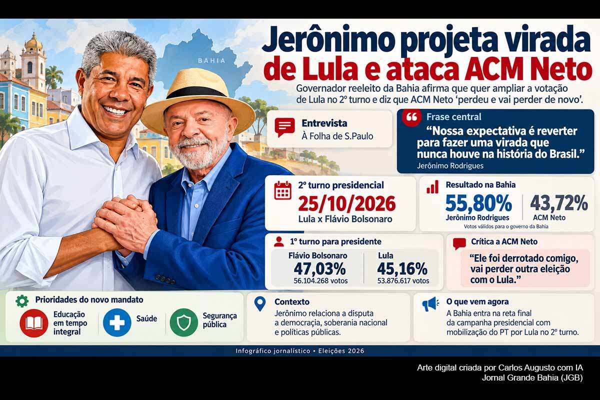 Reeleito governador da Bahia com 55,80% dos votos válidos, Jerônimo Rodrigues afirmou que pretende ampliar a votação de Lula no segundo turno contra Flávio Bolsonaro, marcado para 25/10/2026. Em entrevista à Folha, criticou o apoio de ACM Neto ao candidato do PL, projetou a disputa política por Salvador e indicou educação integral, saúde e segurança pública como prioridades do novo mandato.