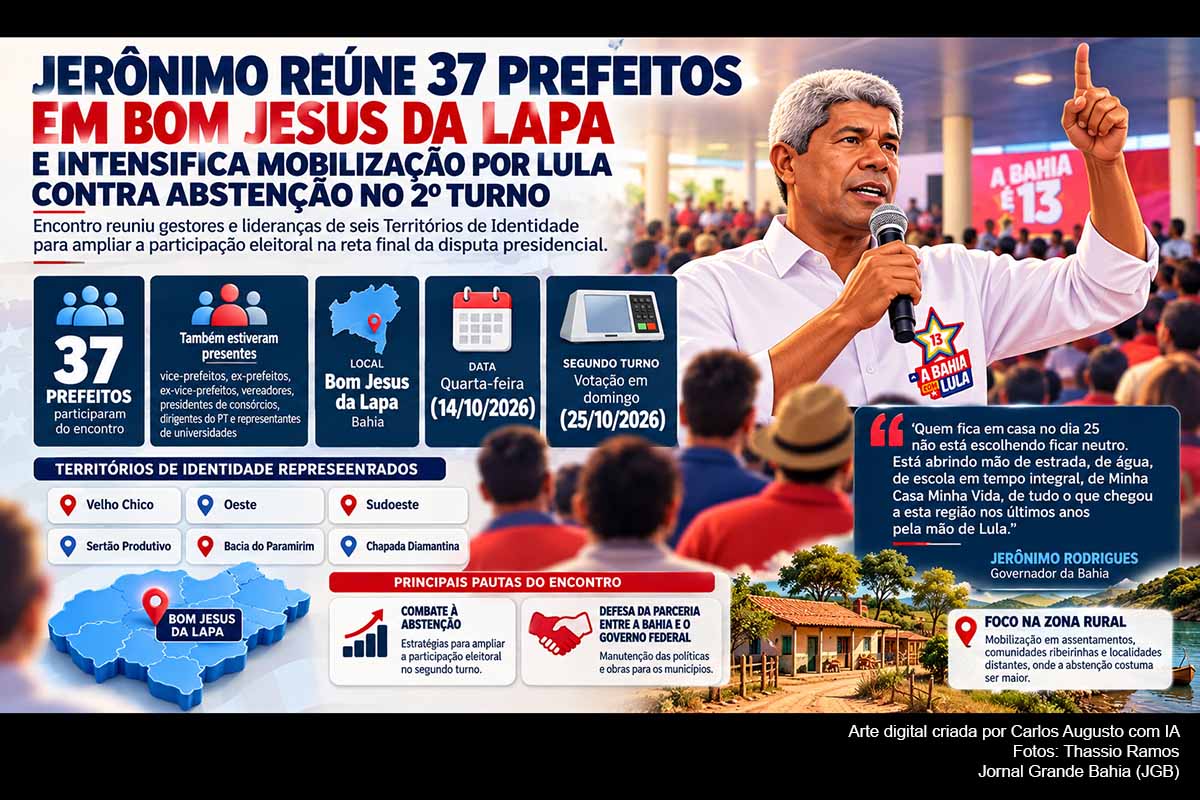 O governador Jerônimo Rodrigues reuniu 37 prefeitos e lideranças de seis Territórios de Identidade em Bom Jesus da Lapa, na quarta-feira (14/10/2026), para intensificar a campanha pela reeleição de Lula. A estratégia prioriza a redução da abstenção, com ações na zona rural, assentamentos e comunidades ribeirinhas. Prefeitos, vereadores, consórcios e dirigentes partidários deverão ampliar a mobilização até o segundo turno de 25/10/2026.