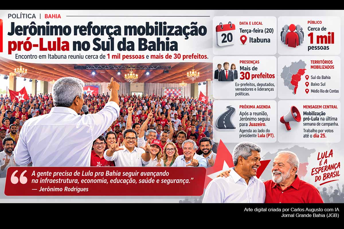 O governador Jerônimo Rodrigues reuniu cerca de 1 mil pessoas, incluindo mais de 30 prefeitos, nesta terça-feira (20/10/2026), em Itabuna, para reforçar a mobilização eleitoral em apoio a Lula. O encontro reuniu lideranças do Sul, Baixo Sul e Médio Rio de Contas. Jerônimo defendeu a continuidade da campanha até 25 de outubro e, após a reunião, seguiu para Juazeiro, onde cumpre agenda com o presidente.