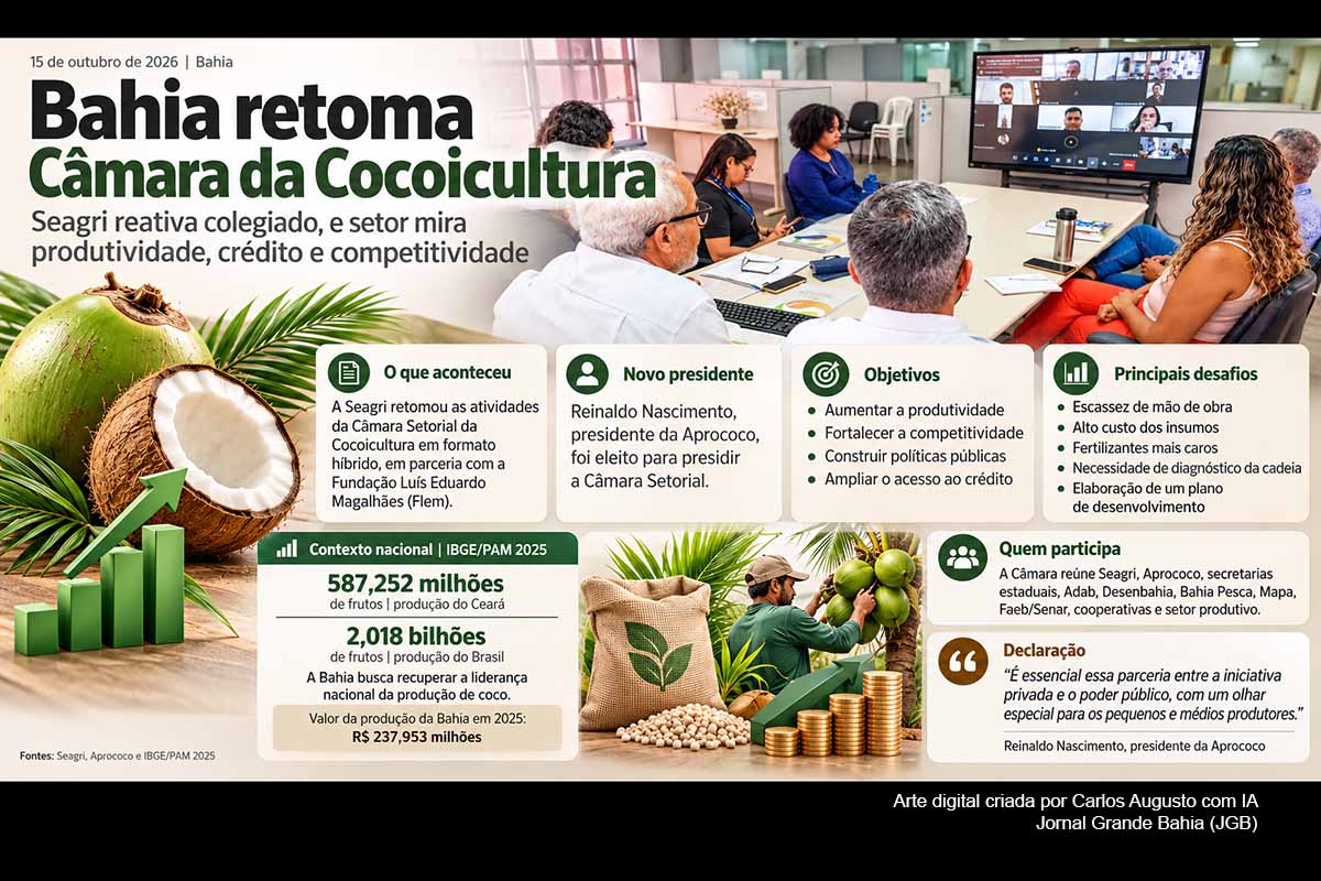 O Governo da Bahia retomou, em 15/10/2026, a Câmara Setorial da Cocoicultura, com participação da Seagri, Aprococo e instituições públicas e privadas. Reinaldo Nascimento foi eleito presidente do colegiado, que priorizará diagnóstico, crédito, produtividade e redução de gargalos. O movimento ocorre após a Bahia perder a liderança nacional para o Ceará. Dados do IBGE e antecedentes desde 2012 mostram desafios históricos de produtividade, custos, importações e renovação da cadeia.