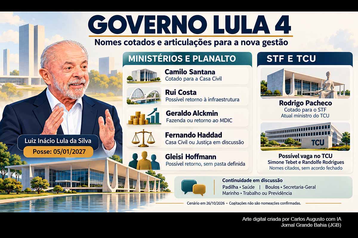 O governo Lula 4 começa a ser negociado com possibilidades de retorno de antigos ministros e mudanças no Palácio do Planalto. Camilo Santana é cotado para a Casa Civil, Rui Costa para a infraestrutura e Alckmin para a área econômica. Haddad e Gleisi também aparecem nas articulações. Para o STF, Pacheco concentra as conversas; no TCU, surgem Tebet e Randolfe. Renan Calheiros, embora citado, supera o limite etário constitucional para ingresso.