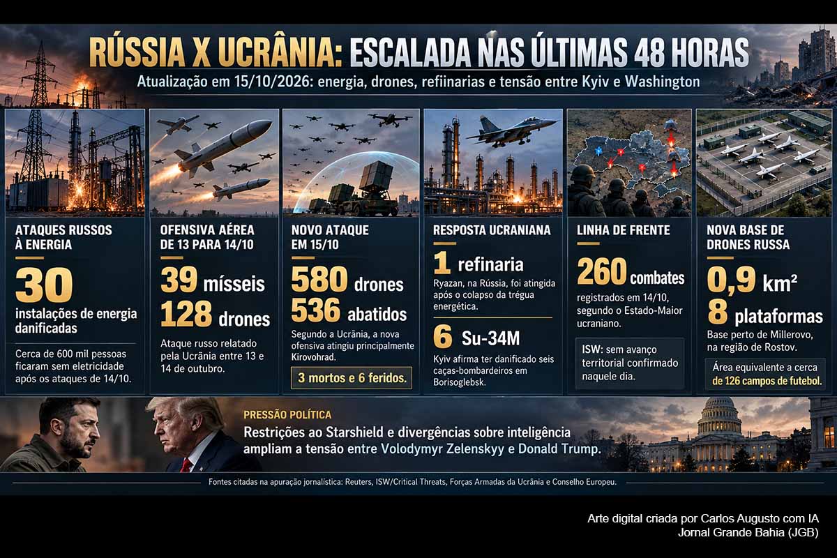 A guerra entre Rússia e Ucrânia registrou nova escalada entre 14 e 15/10/2026, com ataques russos contra infraestrutura energética, centenas de drones e interrupções no fornecimento elétrico. Kyiv retomou operações contra refinarias russas e afirmou ter danificado seis Su-34. Restrições ao Starshield e divergências sobre inteligência aprofundaram a tensão entre Zelenskyy e Donald Trump, enquanto a União Europeia discute apoio e a tentativa de trégua energética perde eficácia.