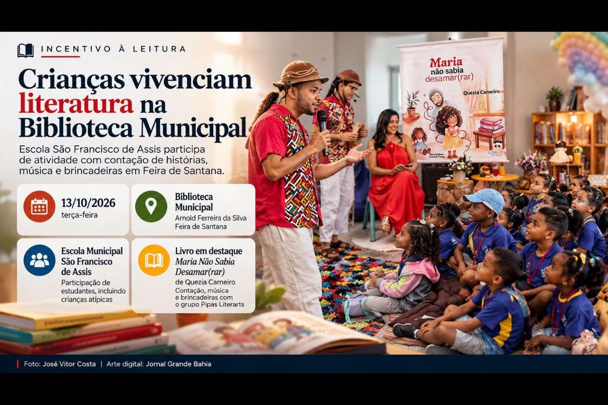 Estudantes da Escola Municipal São Francisco de Assis participaram de programação na Biblioteca Municipal Arnold Ferreira da Silva, com leitura, música e brincadeiras a partir do livro Maria Não Sabia Desamar(rar), de Quezia Carneiro.