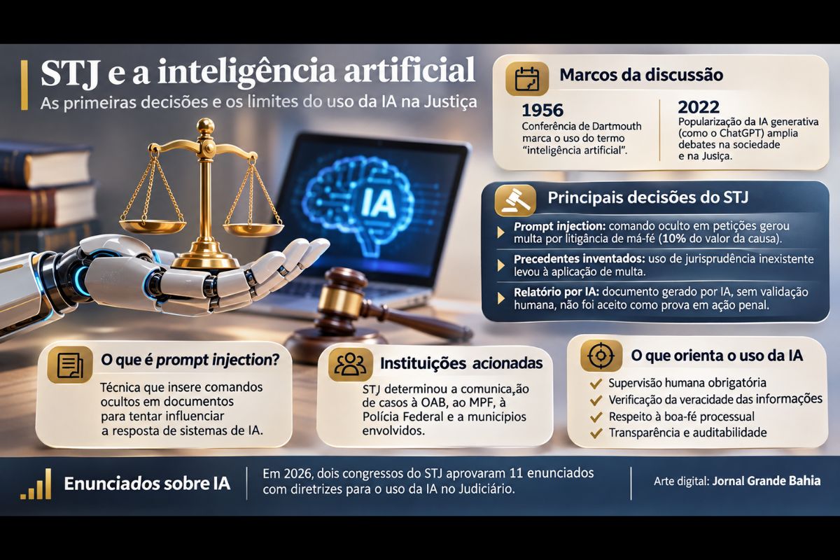 Tribunal identifica comandos ocultos em petições, precedentes jurídicos inventados e relatórios produzidos por IA sem validação humana; enunciados aprovados em 2026 reforçam a supervisão profissional e a confiabilidade das provas.