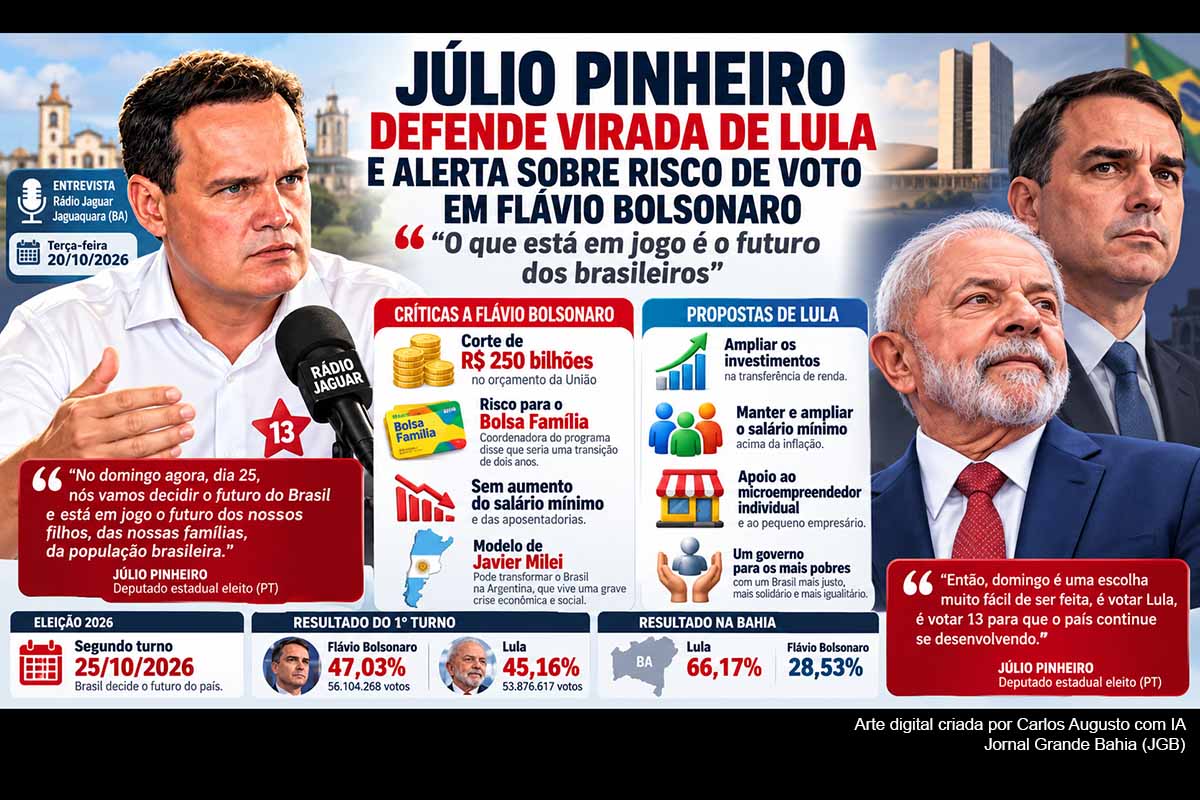 O deputado estadual eleito Júlio Pinheiro defendeu a reeleição de Lula e criticou propostas atribuídas a Flávio Bolsonaro antes do segundo turno de 25/10/2026. A apuração confirma estudos de ajuste fiscal associados à equipe do PL, mas mostra que o corte de R$ 250 bilhões não foi formalmente anunciado. O plano de Flávio promete manter programas sociais, enquanto Lula registra compromissos com valorização do salário mínimo e ampliação da proteção social.