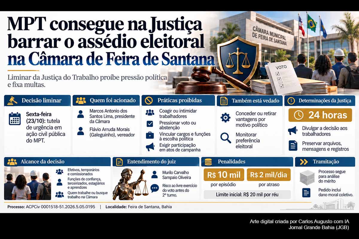 A Justiça do Trabalho concedeu liminar em ação do MPT contra Marcos Lima, Galeguinho e o Município de Feira de Santana, proibindo coação eleitoral sobre trabalhadores da Câmara. A decisão prevê multa de R$ 10 mil por episódio, comunicação aos servidores em 24 horas e preservação de provas. A Câmara contestou a autenticidade de áudio atribuído ao presidente. O mérito e eventual indenização por dano moral coletivo ainda serão julgados.