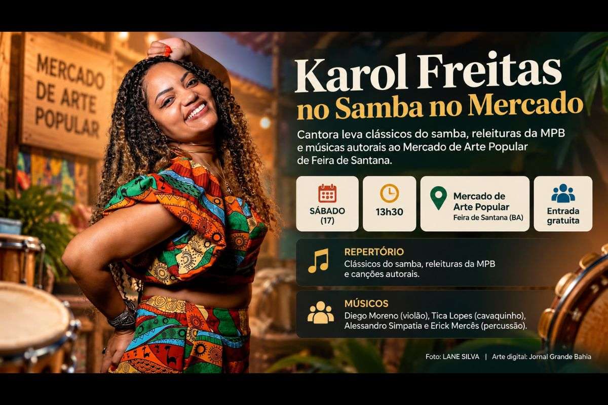 Cantora e compositora feirense interpreta clássicos do samba, releituras da MPB e músicas autorais a partir das 13h30, no evento Samba no Mercado.