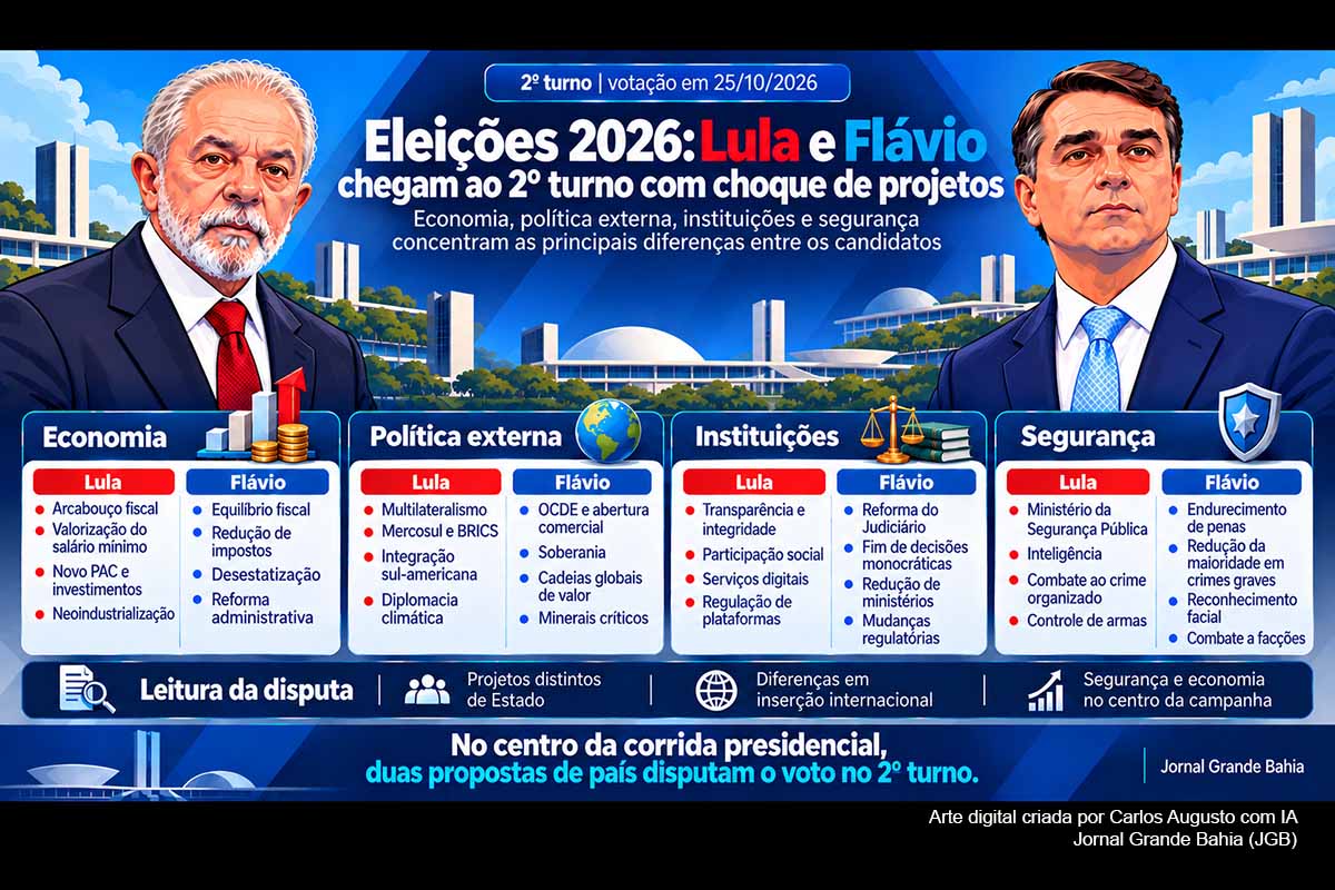 Lula e Flávio Bolsonaro chegam ao segundo turno de 2026 separados por menos de dois pontos no primeiro turno e com projetos distintos para economia, segurança, instituições e relações internacionais. O último debate expôs propostas e acusações, enquanto pesquisas indicam disputa competitiva. O pleito também mobiliza lideranças políticas estrangeiras, ocorre após avanço do PL no Congresso e exigirá acompanhamento sobre governabilidade, política fiscal e inserção internacional.
