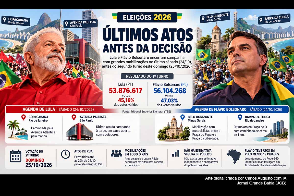 Lula encerrou a campanha à reeleição com atos em Copacabana e na Avenida Paulista, enquanto Flávio Bolsonaro passou por Belo Horizonte e Barra da Tijuca. Veja como foram as últimas mobilizações antes do segundo turno presidencial de 2026.