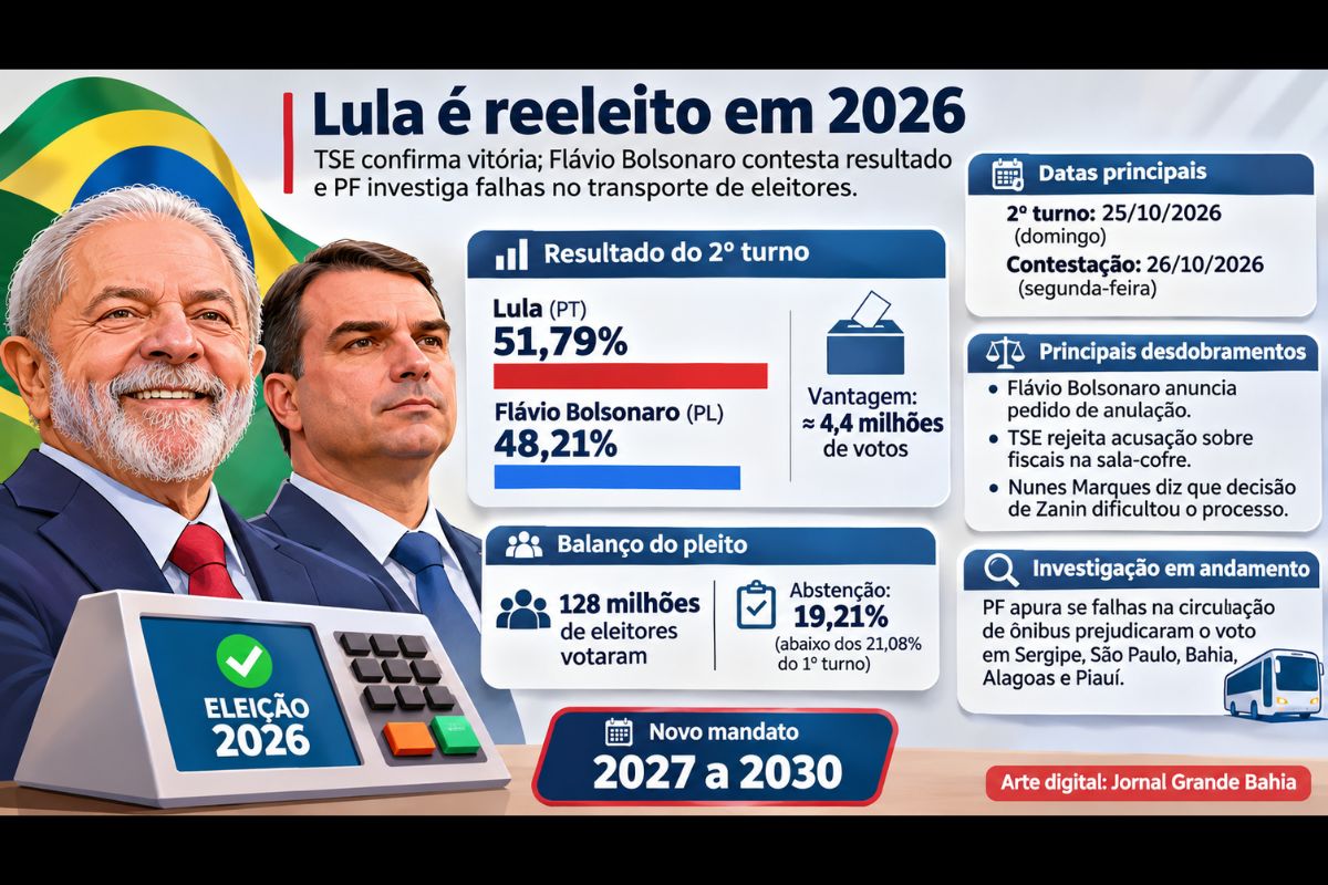 TSE confirma vitória de Lula com 51,79% dos votos, rejeita acusação sobre fiscais na apuração e enfrenta questionamentos sobre a prorrogação da votação, enquanto a Polícia Federal apura possíveis prejuízos ao exercício do voto.