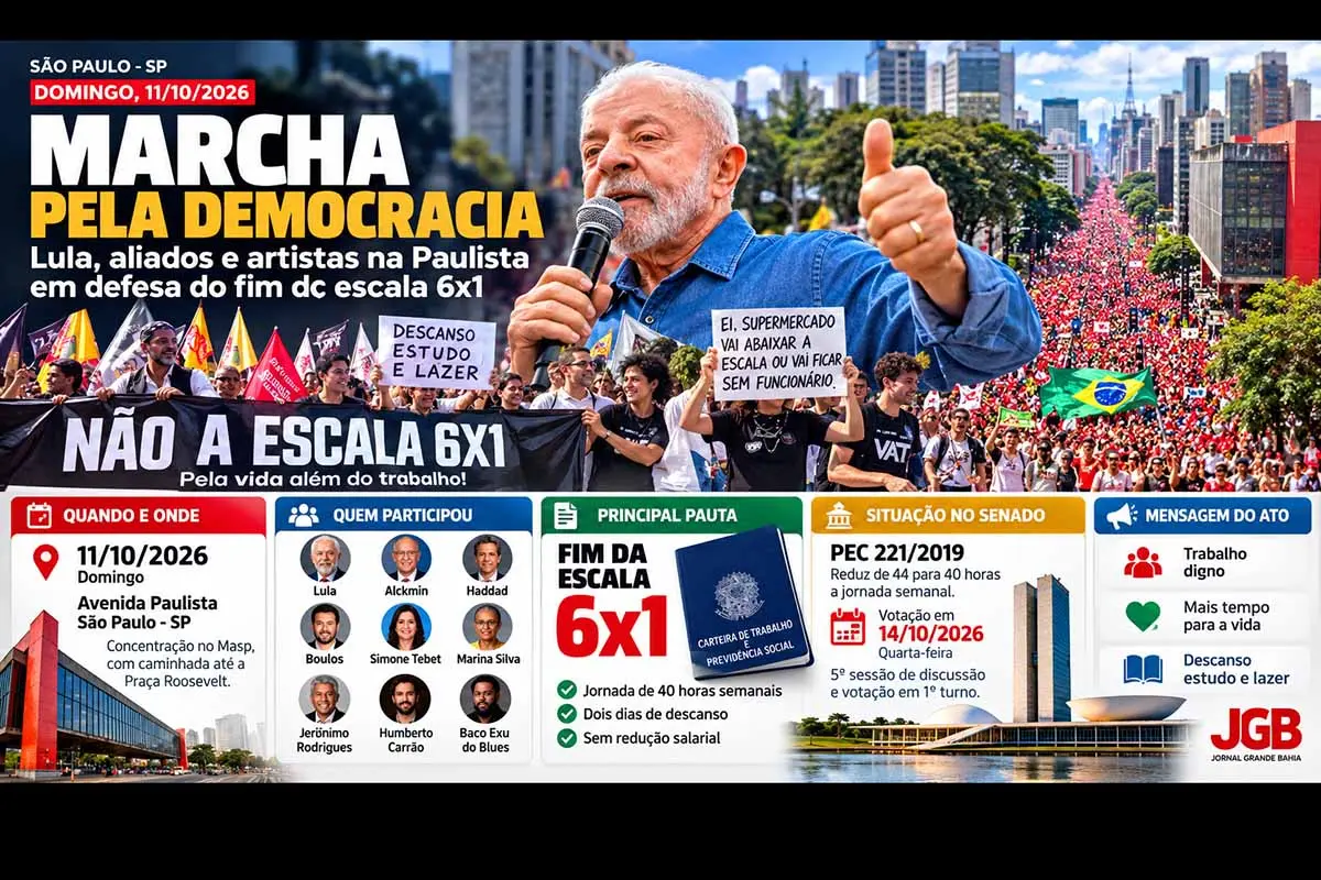 A Marcha pela Democracia reuniu neste domingo (11/10/2026), na Avenida Paulista, o presidente Lula, aliados políticos, estudantes e artistas como Humberto Carrão e Baco Exu do Blues. O fim da escala 6x1 esteve entre as principais pautas. A mobilização antecede a votação da PEC 221/2019 no Senado, prevista para 14 de outubro, com jornada máxima de 40 horas, dois dias de descanso e manutenção salarial.