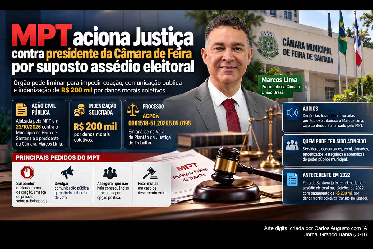 O MPT ajuizou ação civil pública contra o Município de Feira de Santana e Marcos Lima, presidente da Câmara, por suposto assédio eleitoral. O processo pede medidas urgentes para proteger a liberdade de voto, multas e R$ 200 mil por danos morais coletivos. A Justiça do Trabalho analisará a liminar antes do mérito. A Prefeitura havia negado denúncias em procedimento anterior, e a responsabilidade dos demandados ainda será julgada.