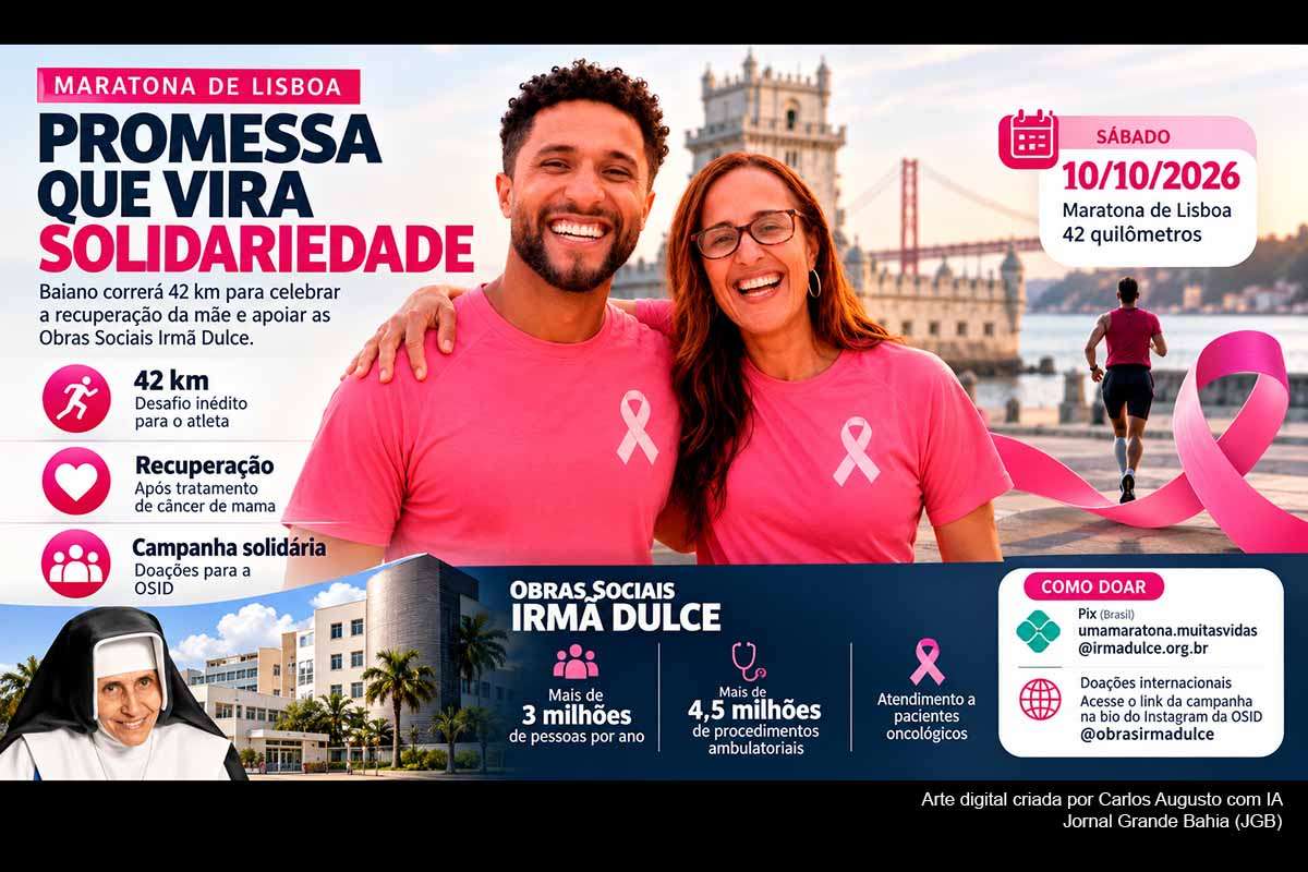 O jurista baiano Felipe Teixeira participa, no sábado (10/10/2026), da Maratona de Lisboa para cumprir uma promessa feita durante o tratamento da mãe, Nilzete Teixeira, contra câncer de mama. A iniciativa foi transformada em campanha de doações para as Obras Sociais Irmã Dulce, que acolhem mais de 3 milhões de pessoas por ano e mantêm serviços de atendimento oncológico e assistência gratuita na Bahia.