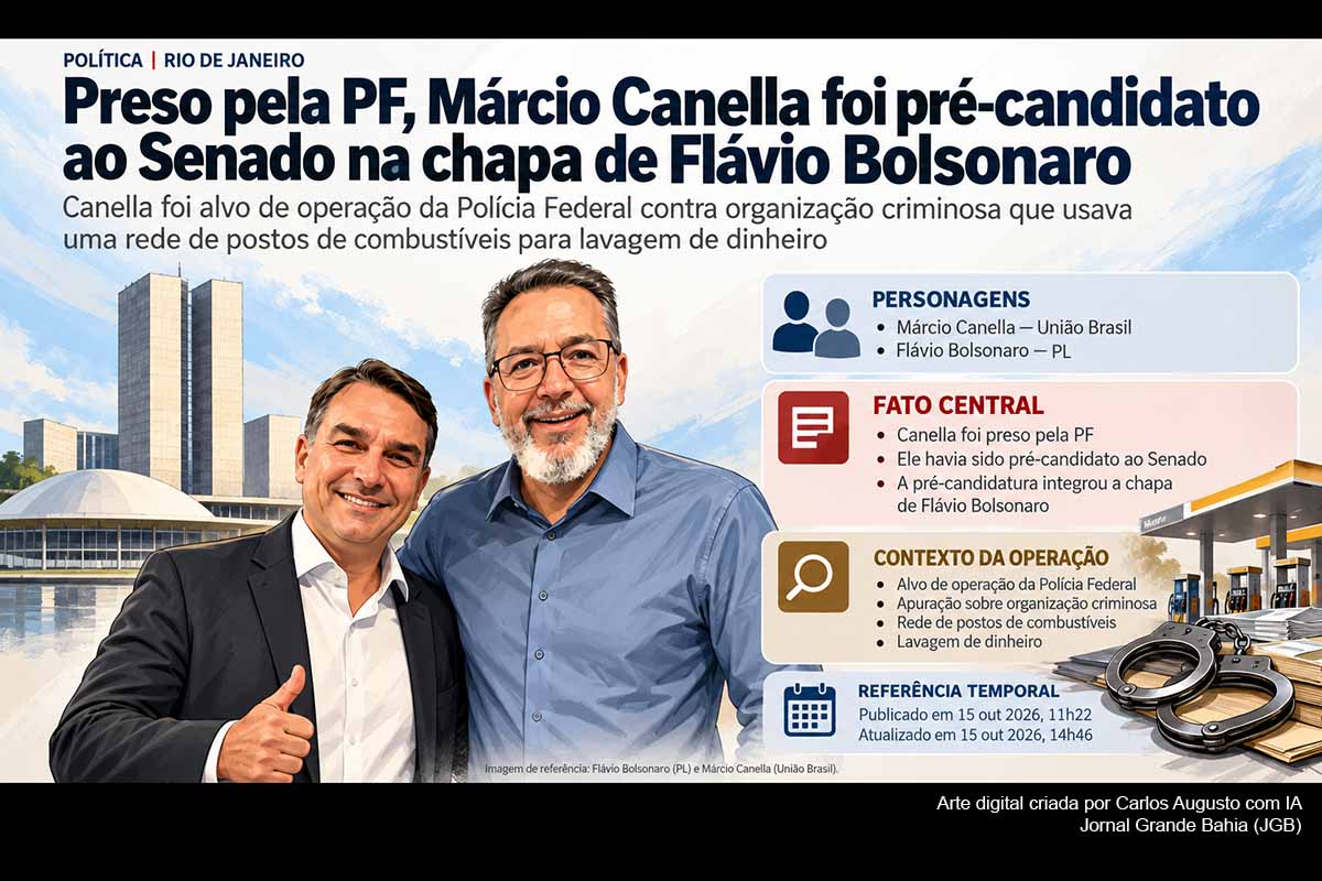 A relação entre Márcio Canella e Flávio Bolsonaro começou na convivência parlamentar, avançou após o apoio de Canella a Jair Bolsonaro em 2022 e tornou-se aliança eleitoral em 2026, quando o ex-prefeito foi lançado ao Senado com Rogéria Bolsonaro como suplente. A composição foi desmontada após operação da PF. Eleito deputado estadual com 197.178 votos, Canella voltou a ser preso em 15/10, reacendendo o debate político durante o segundo turno presidencial.