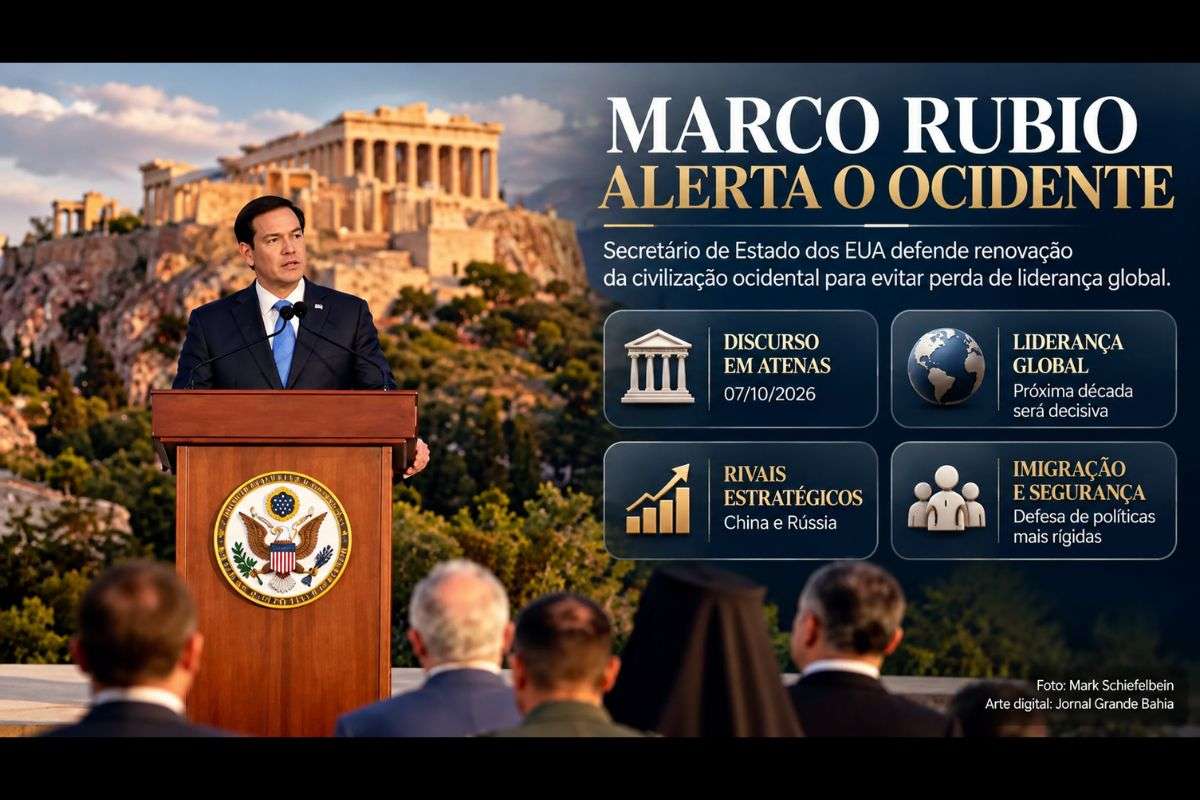 Em discurso na Grécia, secretário de Estado dos EUA afirmou que a próxima década será decisiva para o Ocidente e defendeu maior capacidade de competição com China e Rússia.
