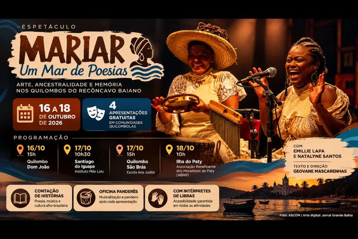 Circulação ocorre de 16 a 18 de outubro, em comunidades de São Francisco do Conde e Cachoeira, com contação de histórias, oficinas de pandeiro e acessibilidade em Libras.