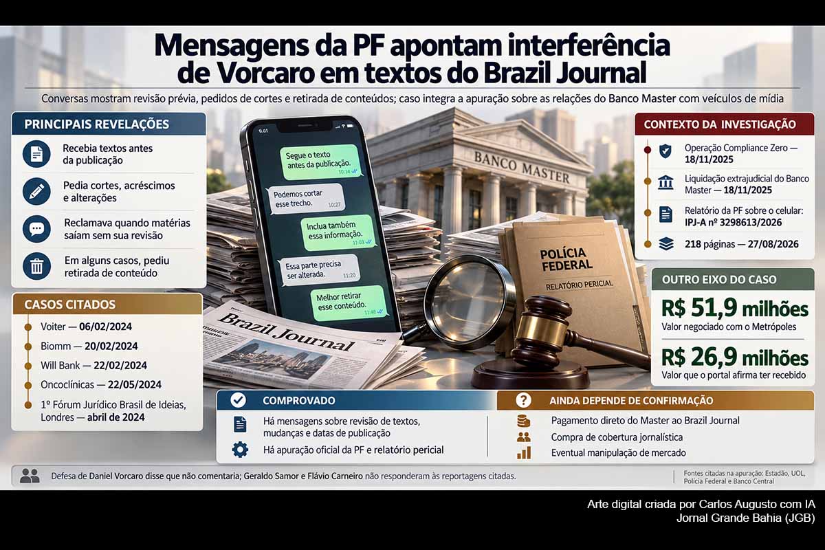 Mensagens extraídas pela PF do celular de Daniel Vorcaro mostram o ex-controlador do Banco Master acompanhando previamente reportagens do Brazil Journal, sugerindo alterações, discutindo datas de publicação e intervindo em conteúdos relacionados a Voiter, Biomm, Will Bank e outros negócios. As revelações integram investigação mais ampla sobre relações do banqueiro com empresas de mídia. Não há, até agora, prova pública de pagamento direto do Master ao site em troca de cobertura.