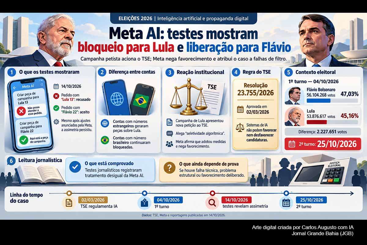 Testes realizados em 14/10/2026 mostraram tratamento diferente da Meta AI para pedidos relacionados a Lula e Flávio Bolsonaro. A campanha petista acionou o TSE alegando seletividade algorítmica, enquanto a Meta atribui o episódio a falhas de aplicação dos filtros e nega favorecimento. A assimetria está documentada, mas ainda não comprova manipulação deliberada de eleitores. O caso ganha importância a 11 dias do segundo turno presidencial.