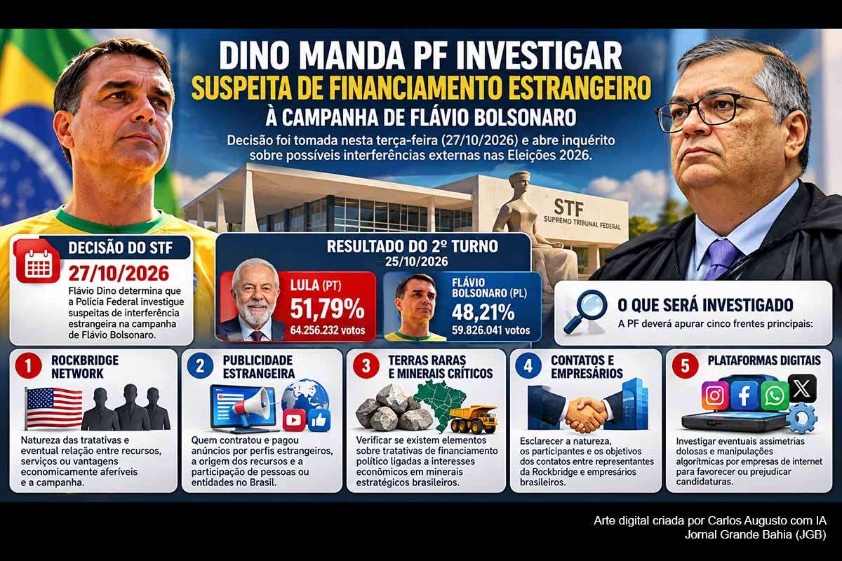 O ministro Flávio Dino, do STF, determinou que a Polícia Federal investigue suspeitas de interferência estrangeira nas Eleições 2026 envolvendo a campanha de Flávio Bolsonaro, a Rockbridge Network, publicidade paga no exterior, plataformas digitais e interesses em terras raras. Os citados negam irregularidades e, até agora, não há comprovação pública de financiamento ilegal. A apuração deverá reconstruir fluxos financeiros, serviços, contatos e eventual participação de agentes brasileiros e estrangeiros.
