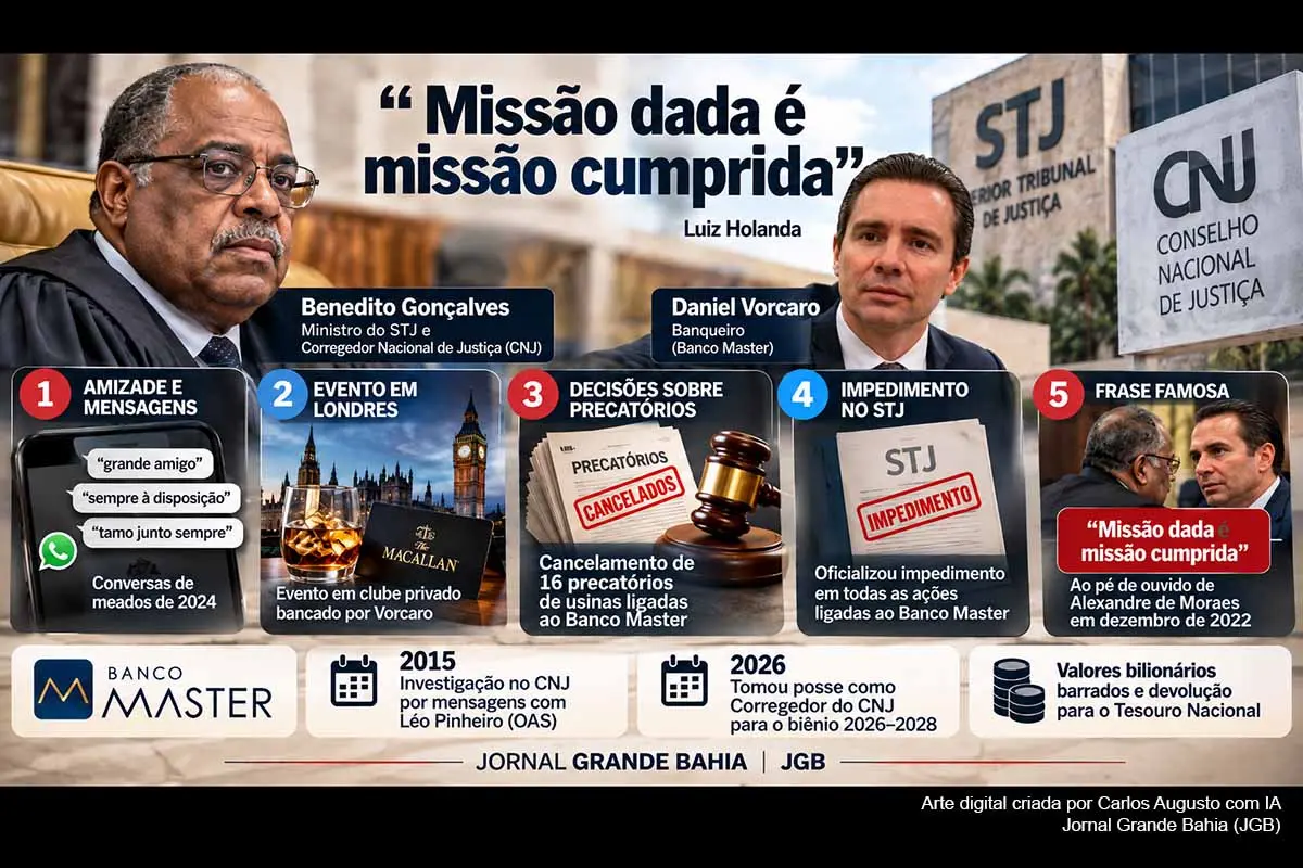 Artigo de Luiz Holanda examina reportagens e documentos que mencionam a relação entre o ministro Benedito Gonçalves e Daniel Vorcaro, ex-controlador do Banco Master, além do impedimento anteriormente declarado pelo magistrado e de decisões posteriores envolvendo precatórios. O texto recupera ainda a frase “missão dada é missão cumprida”, episódios de sua trajetória no Judiciário e sua atual função como Corregedor Nacional de Justiça, ressaltando questionamentos sobre imparcialidade, conflitos de interesse e fiscalização da magistratura.