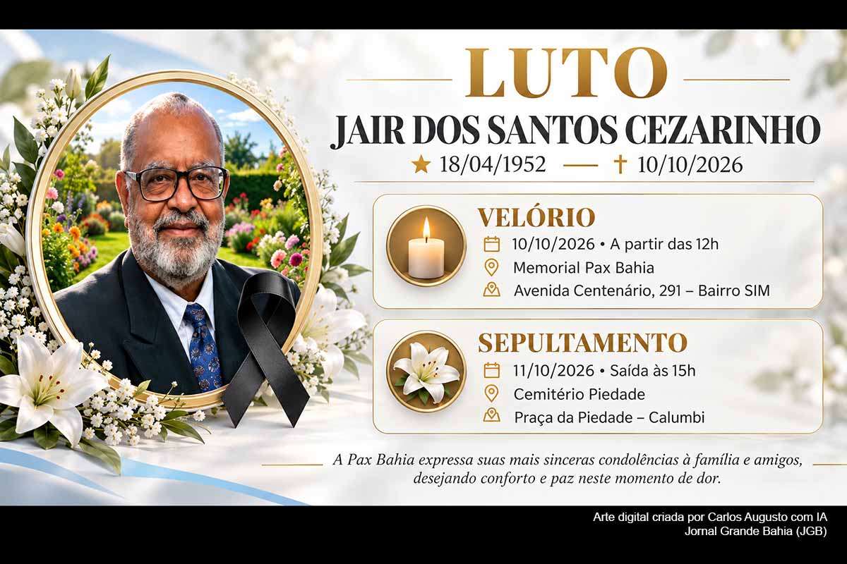 O jornalista e radialista Jair dos Santos Cezarinho morreu neste sábado (10/10/2026), aos 74 anos, em Feira de Santana. Com mais de cinco décadas de atuação, trabalhou no rádio esportivo, dirigiu a Regional Norte/Nordeste da ABI e participou de projetos de preservação da memória da imprensa. Seu pai, Alfredo, marcou em 1954 o gol do Fluminense de Feira na estreia profissional do clube. O sepultamento ocorre domingo no Cemitério Piedade.