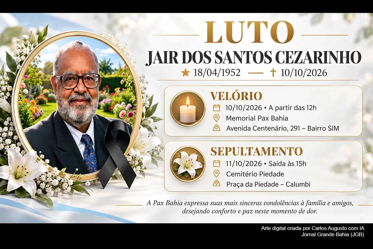 O jornalista e radialista Jair dos Santos Cezarinho morreu neste sábado (10/10/2026), aos 74 anos, em Feira de Santana. Com mais de cinco décadas de atuação, trabalhou no rádio esportivo, dirigiu a Regional Norte/Nordeste da ABI e participou de projetos de preservação da memória da imprensa. Seu pai, Alfredo, marcou em 1954 o gol do Fluminense de Feira na estreia profissional do clube. O sepultamento ocorre domingo no Cemitério Piedade.