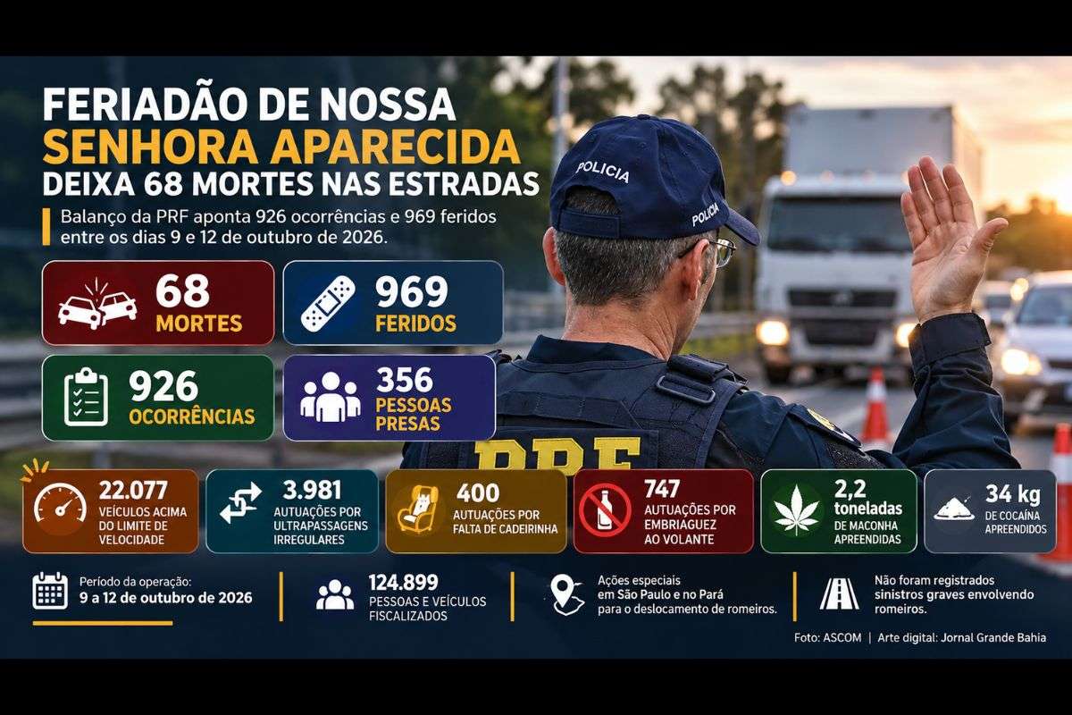 Balanço preliminar da Polícia Rodoviária Federal aponta 926 ocorrências, 969 feridos e mais de 22 mil veículos acima do limite de velocidade entre 9 e 12 de outubro de 2026.