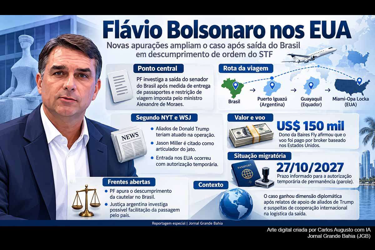 Novas apurações do New York Times e Wall Street Journal atribuem a aliados de Donald Trump participação na operação que levou Flávio Bolsonaro aos Estados Unidos após o senador descumprir restrição de viagem imposta pelo STF. O dono da Baires Fly confirmou pagamento de US$ 150 mil por intermediário baseado nos EUA, enquanto a Justiça argentina investiga possível ajuda de autoridades do governo Javier Milei.