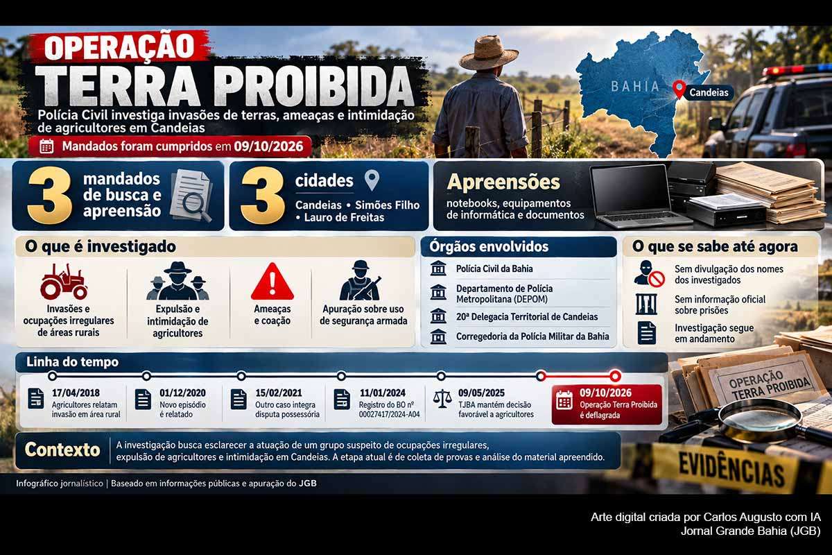A Polícia Civil da Bahia deflagrou a Operação Terra Proibida para investigar um grupo suspeito de invasões e ocupações irregulares de áreas rurais, expulsão, ameaças e coação contra agricultores em Candeias. Três mandados foram cumpridos também em Simões Filho e Lauro de Freitas, com apreensão de equipamentos e documentos. A investigação apura possível emprego de segurança armada e ocorre em município marcado por conflitos fundiários anteriormente levados à polícia e ao TJBA.