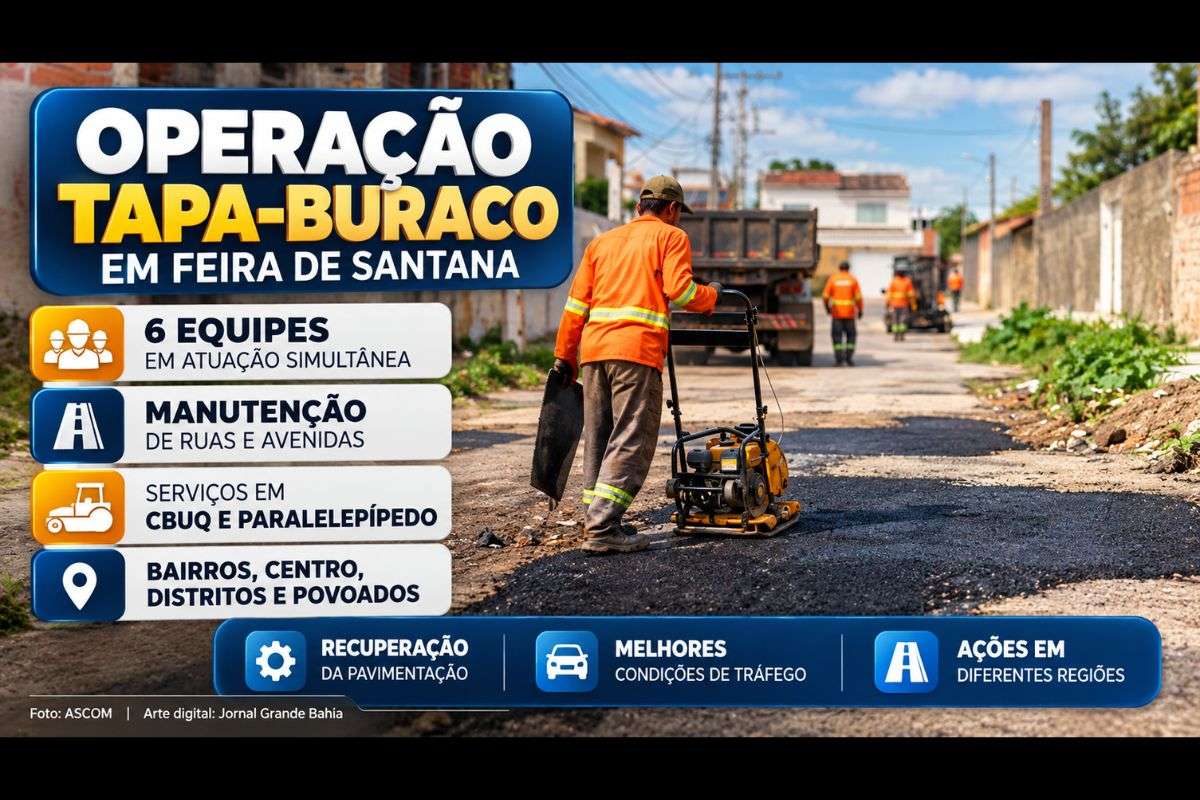 Seinfra executa manutenção em pavimentos de CBUQ e paralelepípedo em diferentes regiões de Feira de Santana, com frentes de trabalho na sede e na zona rural.