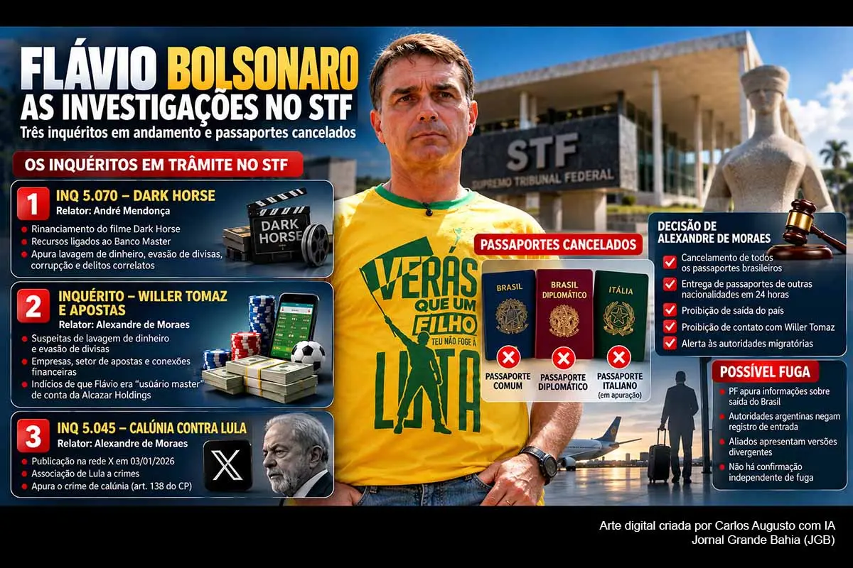 Flávio Bolsonaro é investigado no STF em três frentes: no Inquérito 5.070, sobre o financiamento do filme Dark Horse e possíveis crimes financeiros ligados ao Banco Master; em inquérito sob relatoria de Alexandre de Moraes sobre suspeitas de lavagem de dinheiro e evasão de divisas envolvendo o advogado Willer Tomaz, empresas e apostas; e no Inquérito 5.045, que apura suposta calúnia contra o presidente Lula.”