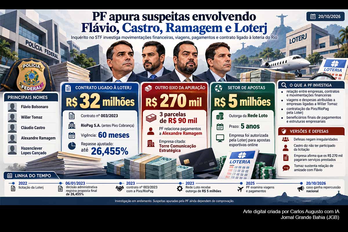 A Polícia Federal investiga operações envolvendo Flávio Bolsonaro, Willer Tomaz, Cláudio Castro e Alexandre Ramagem. A apuração alcança uma contratação da Loterj estimada em R$ 32 milhões, viagens, estruturas empresariais e pagamentos de R$ 270 mil relacionados a Ramagem. As defesas negam irregularidades ou apresentam justificativas comerciais. O inquérito deverá esclarecer origem dos recursos, beneficiários, serviços prestados e eventual existência de mecanismos de ocultação patrimonial.