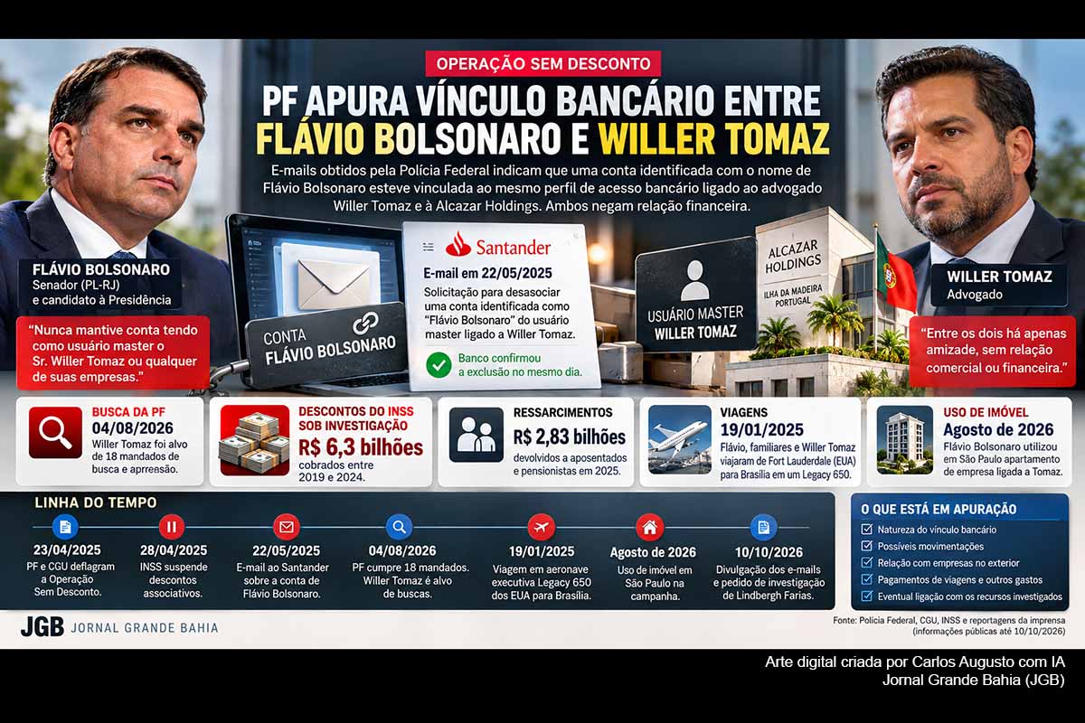 A Polícia Federal analisa e-mails encontrados na Operação Sem Desconto que relacionam uma conta identificada com o nome de Flávio Bolsonaro ao mesmo ambiente bancário associado ao advogado Willer Tomaz e à portuguesa Alcazar Holdings. O vínculo foi desfeito em maio de 2025. Ambos negam relação financeira. Os documentos não comprovam repasses ilícitos, enquanto a PF aprofunda o rastreamento e um deputado pede a inclusão formal do senador na investigação.