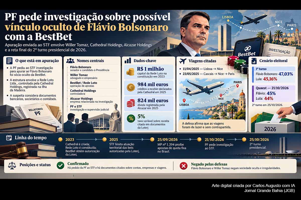 A Polícia Federal pediu ao STF investigação sobre possível participação oculta de Flávio Bolsonaro na BestBet, controlada por estrutura empresarial ligada ao advogado Willer Tomaz. Documentos citam acesso bancário, relações entre Cathedral e Alcazar, valores contabilizados e viagens em jatos. Ambos negam irregularidades. O caso ganhou dimensão eleitoral após Lula propor abertura recíproca de sigilos, quatro dias antes do segundo turno presidencial.