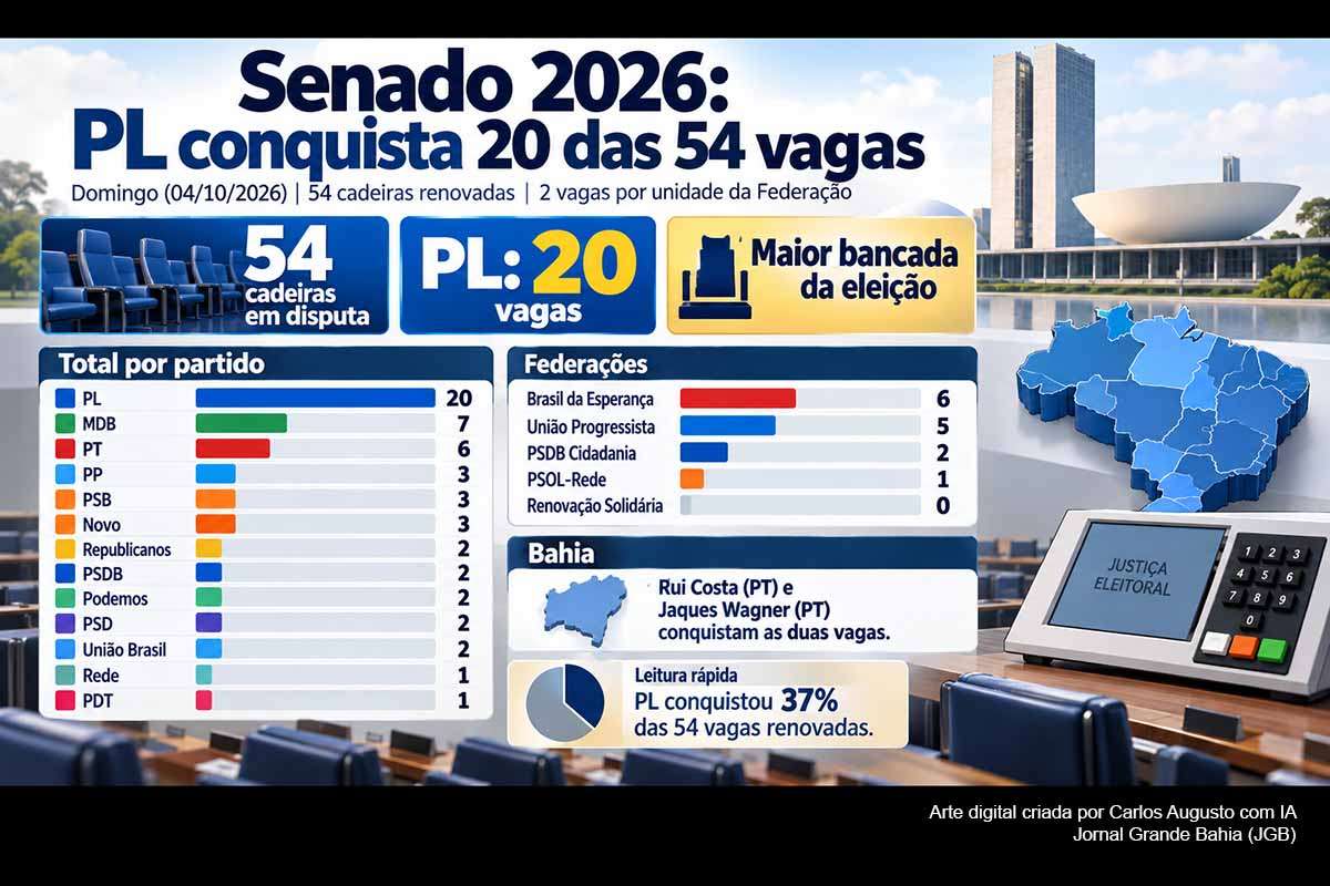 As Eleições 2026 renovaram 54 das 81 cadeiras do Senado. O PL conquistou 20 vagas, seguido pelo MDB, com sete, e pelo PT, com seis. PP, PSB e Novo elegeram três senadores cada. Na Bahia, Rui Costa e Jaques Wagner conquistaram as duas cadeiras. A nova correlação de forças será formada pela soma desses 54 mandatos aos 27 senadores eleitos em 2022.