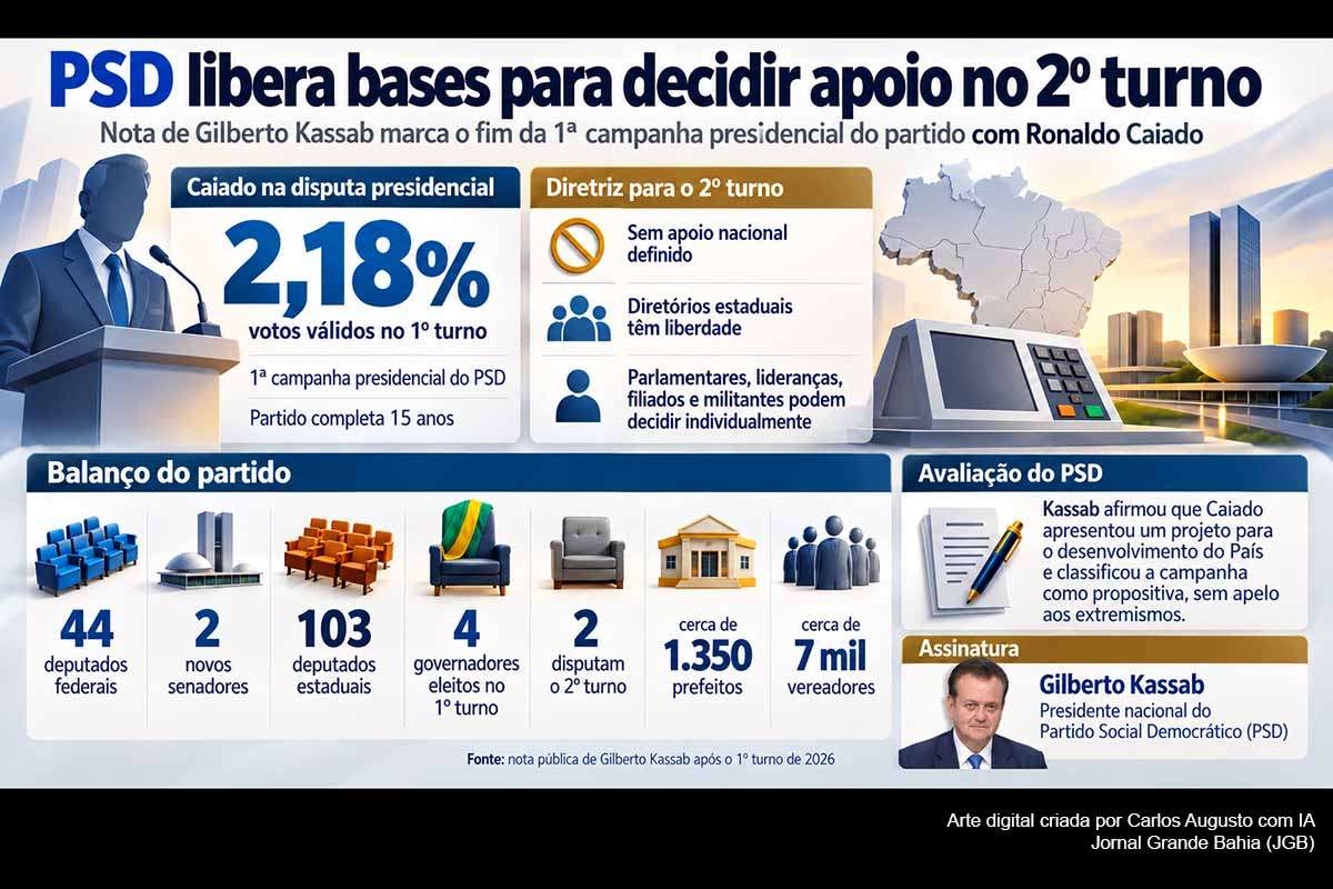 O PSD encerrou sua primeira campanha presidencial própria com Ronaldo Caiado em quinto lugar, com 2,18% dos votos válidos, e decidiu não apoiar nacionalmente Lula ou Flávio Bolsonaro no segundo turno. Gilberto Kassab liberou diretórios e lideranças estaduais. Apesar do resultado presidencial, a legenda elegeu 44 deputados federais, dois senadores e quatro governadores, mantendo influência relevante na reorganização política pós-primeiro turno.