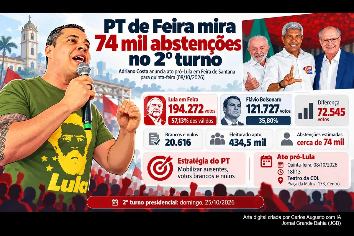 O presidente do PT de Feira de Santana, Adriano Costa, anunciou mobilização voltada aos eleitores que se abstiveram ou votaram branco e nulo no primeiro turno. Lula obteve 194.272 votos (57,13%) no município, contra 121.727 de Flávio Bolsonaro (35,80%). Um ato está previsto para quinta-feira (08/10/2026). O segundo turno presidencial ocorrerá em 25/10, sob organização da Justiça Eleitoral.