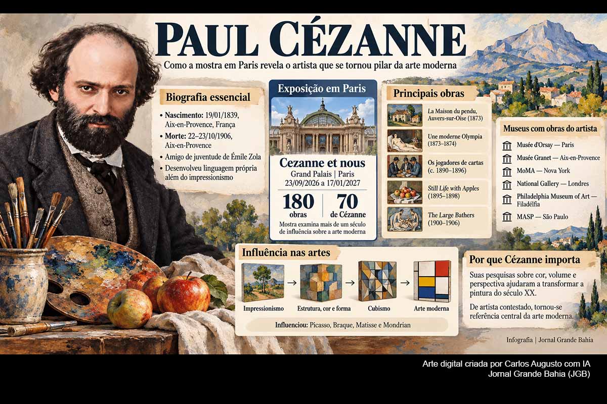 Em cartaz no Grand Palais, em Paris, “Cezanne et nous” reúne cerca de 180 obras, incluindo 70 de Paul Cézanne, para mostrar como o artista influenciou Picasso, Braque, Matisse, Mondrian e outras gerações. Nascido em Aix-en-Provence em 1839, Cézanne transformou cor, perspectiva e estrutura pictórica, abriu caminhos para o cubismo e deixou trabalhos hoje preservados em importantes museus da Europa, dos Estados Unidos e do Brasil.