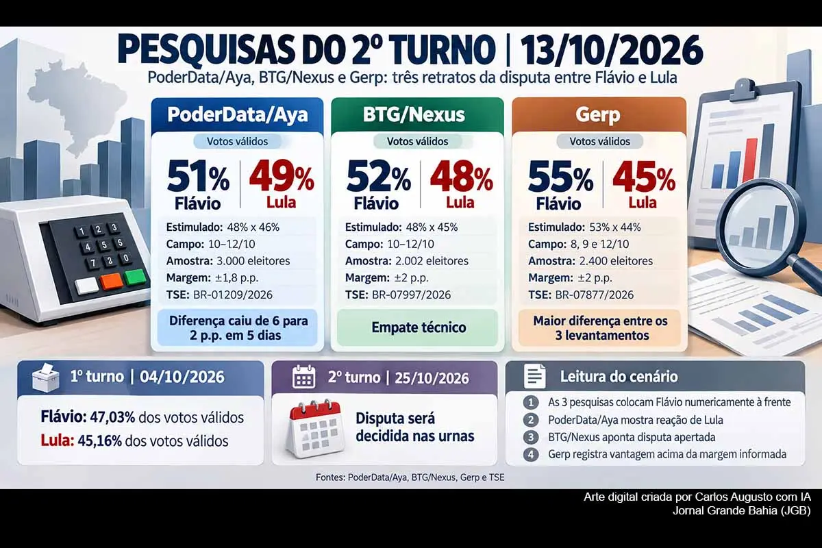 Três pesquisas nacionais divulgadas em 13/10/2026 mostram Flávio Bolsonaro numericamente à frente de Lula no segundo turno. Nos votos válidos, o PoderData/Aya registra 51% a 49%, o BTG/Nexus 52% a 48% e o Gerp 55% a 45%. Dois levantamentos indicam empate técnico, enquanto o Gerp apresenta diferença superior à margem informada. A eleição será decidida em 25/10/2026.