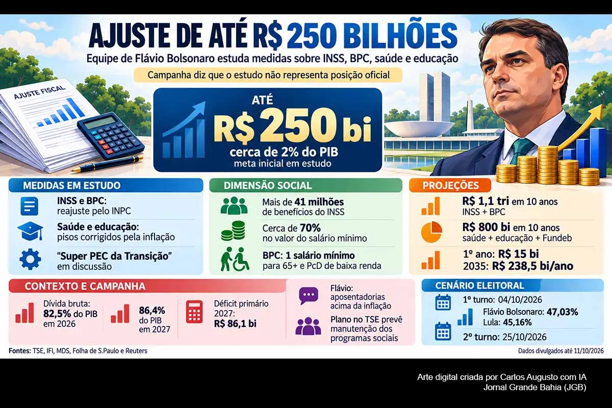 A equipe econômica de Flávio Bolsonaro estuda alternativas para um ajuste de até R$ 250 bilhões, incluindo mudanças na correção do INSS e BPC e nos pisos de saúde e educação. A campanha afirma que as medidas não integram o programa oficial e promete preservar políticas sociais. Com a dívida projetada em alta, o debate contrapõe sustentabilidade fiscal, proteção social e efeitos distributivos às vésperas do segundo turno contra Lula.