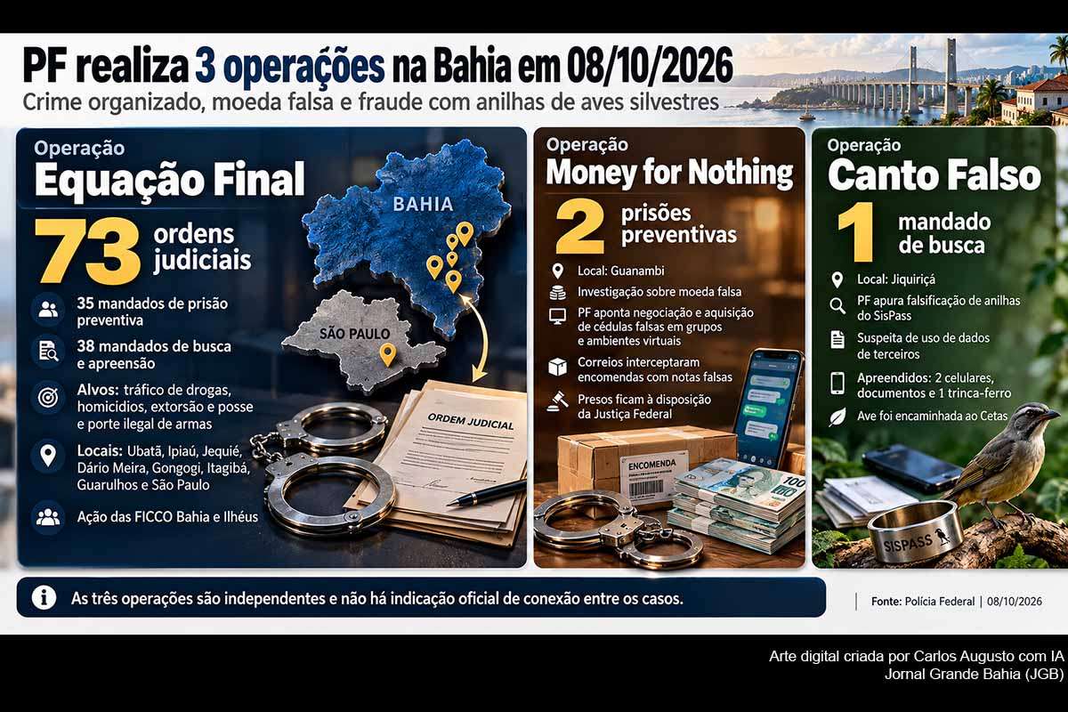 A Polícia Federal e as FICCO Bahia e Ilhéus realizaram três operações distintas nesta quinta-feira (08/10/2026). A Equação Final mobilizou 73 ordens judiciais na Bahia e em São Paulo; a Money for Nothing prendeu dois investigados por moeda falsa em Guanambi; e a Canto Falso apurou adulteração de anilhas de aves em Jiquiriçá. As investigações continuam e não há indicação oficial de conexão entre os casos.