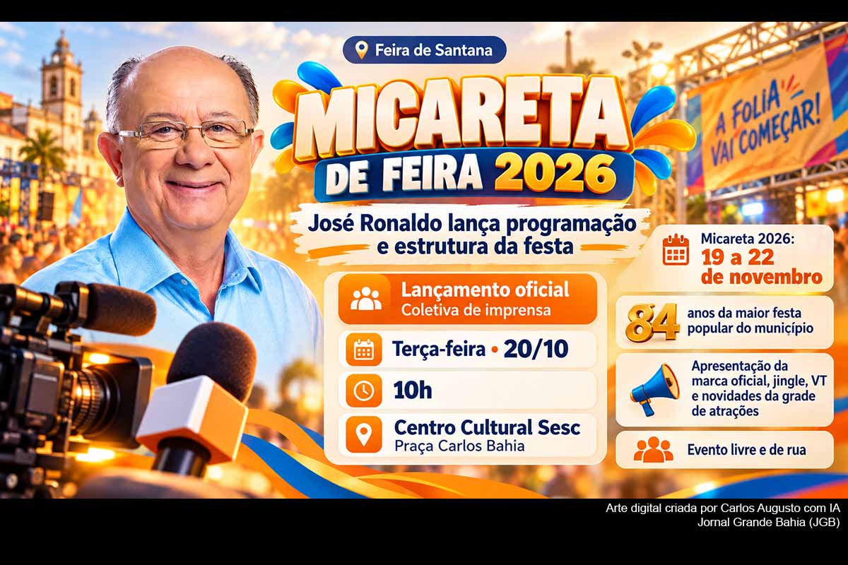 A Prefeitura de Feira de Santana lança nesta terça-feira (20/10/2026) a Micareta 2026, marcada para 19 a 22 de novembro, primeira edição integralmente realizada no segundo semestre. A programação já reúne 13 atrações, entre elas Claudia Leitte, Léo Santana, Pedro Sampaio, Carlinhos Brown e Edson Gomes. A preparação envolve 35 órgãos, camarotes em montagem, trios sem cordas e políticas de valorização cultural, enquanto orçamento global e grade definitiva ainda aguardam divulgação.