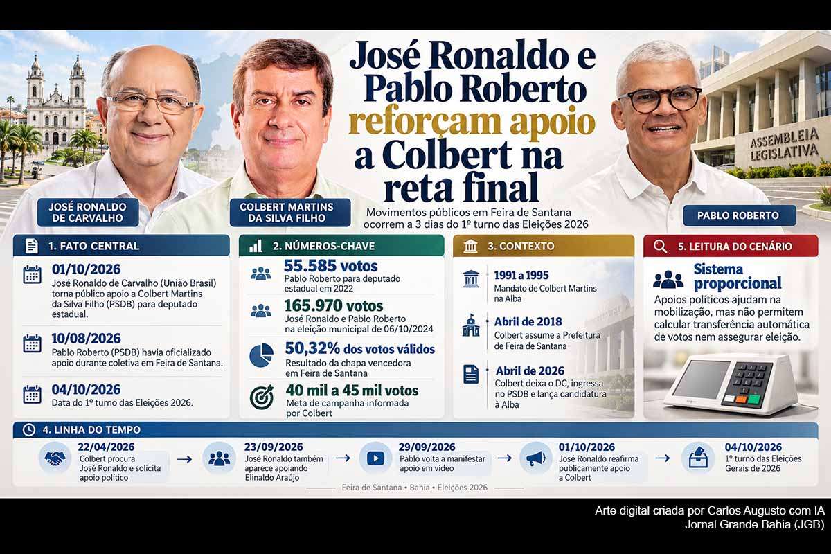 A três dias do primeiro turno das Eleições 2026, José Ronaldo tornou público apoio à candidatura de Colbert Martins a deputado estadual, somando-se a Pablo Roberto, que havia formalizado sua adesão em agosto e a reiterou no fim de setembro. As manifestações recompõem alianças históricas em Feira de Santana, mas não representam necessariamente apoio exclusivo nem permitem medir transferência de votos no sistema proporcional para a Assembleia Legislativa da Bahia.  