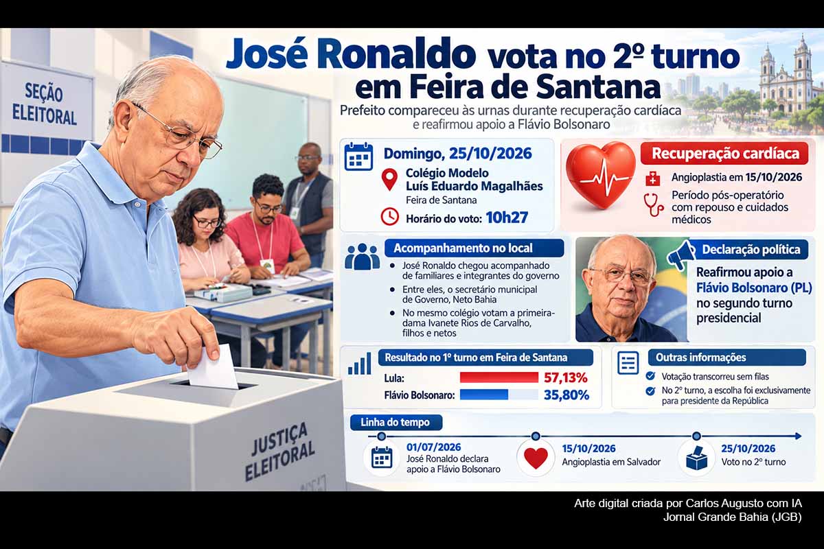 O prefeito José Ronaldo votou às 10h27 deste domingo (25/10/2026) no Colégio Modelo Luís Eduardo Magalhães, em Feira de Santana, acompanhado de familiares e integrantes do governo. Em recuperação após angioplastia realizada em Salvador, o gestor reafirmou apoio a Flávio Bolsonaro no segundo turno contra Lula. A votação ocorreu sem filas, enquanto o prefeito mantém rotina administrativa reduzida por orientação médica.