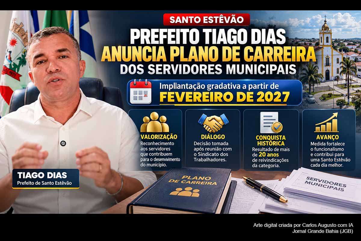 O prefeito Tiago Dias anunciou que Santo Estêvão iniciará, em fevereiro de 2027, a implantação gradual do Plano de Carreira dos servidores municipais. A decisão sucede anos de reivindicações, negociações sindicais e protesto realizado em agosto. O município já possui legislação sobre carreira e progressões. A execução deverá ser acompanhada quanto ao cronograma, impacto financeiro, enquadramentos funcionais, orçamento de 2027 e limites da Lei de Responsabilidade Fiscal.