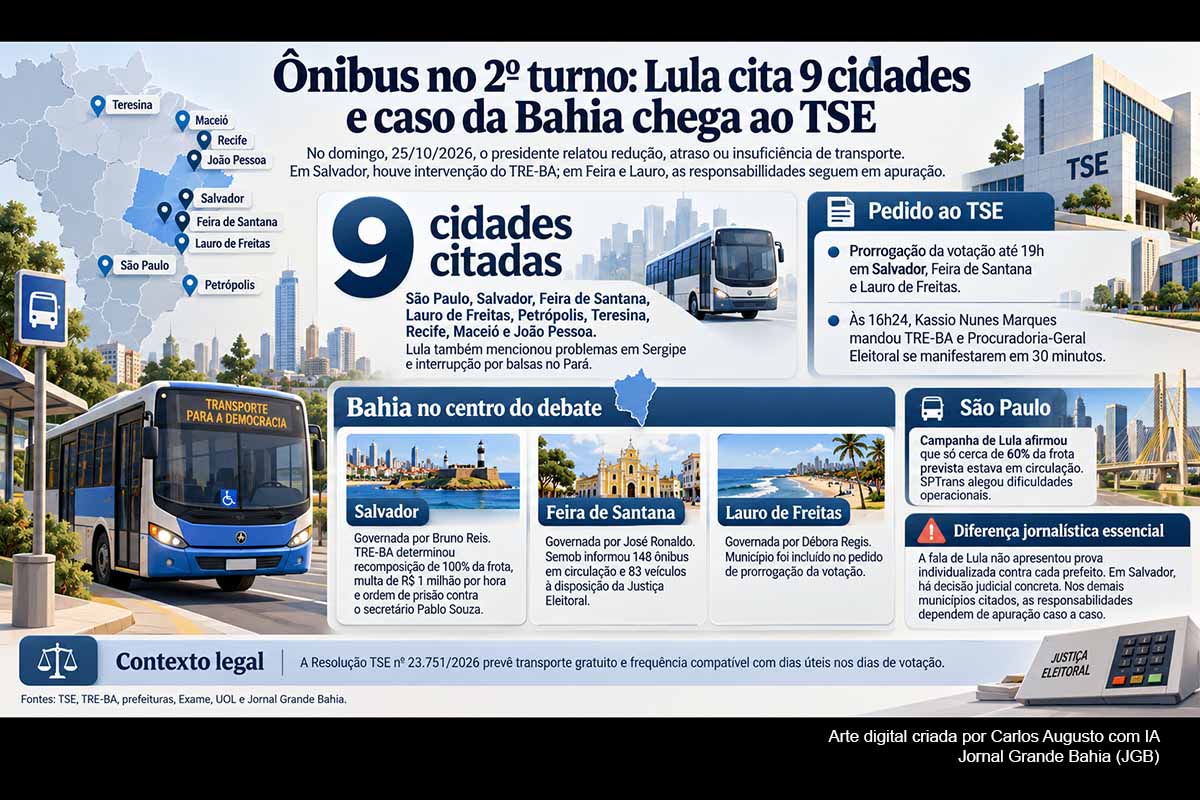 Lula citou problemas de transporte em nove cidades durante o segundo turno de 2026. Em Salvador, o TRE-BA ordenou frota integral, multa de R$ 1 milhão por hora e prisão do secretário Pablo Souza. Feira de Santana apresentou dados de 148 ônibus em operação, enquanto denúncias sobre Feira e Lauro de Freitas seguem sob verificação. O TSE analisa pedido para prorrogar a votação na Bahia.