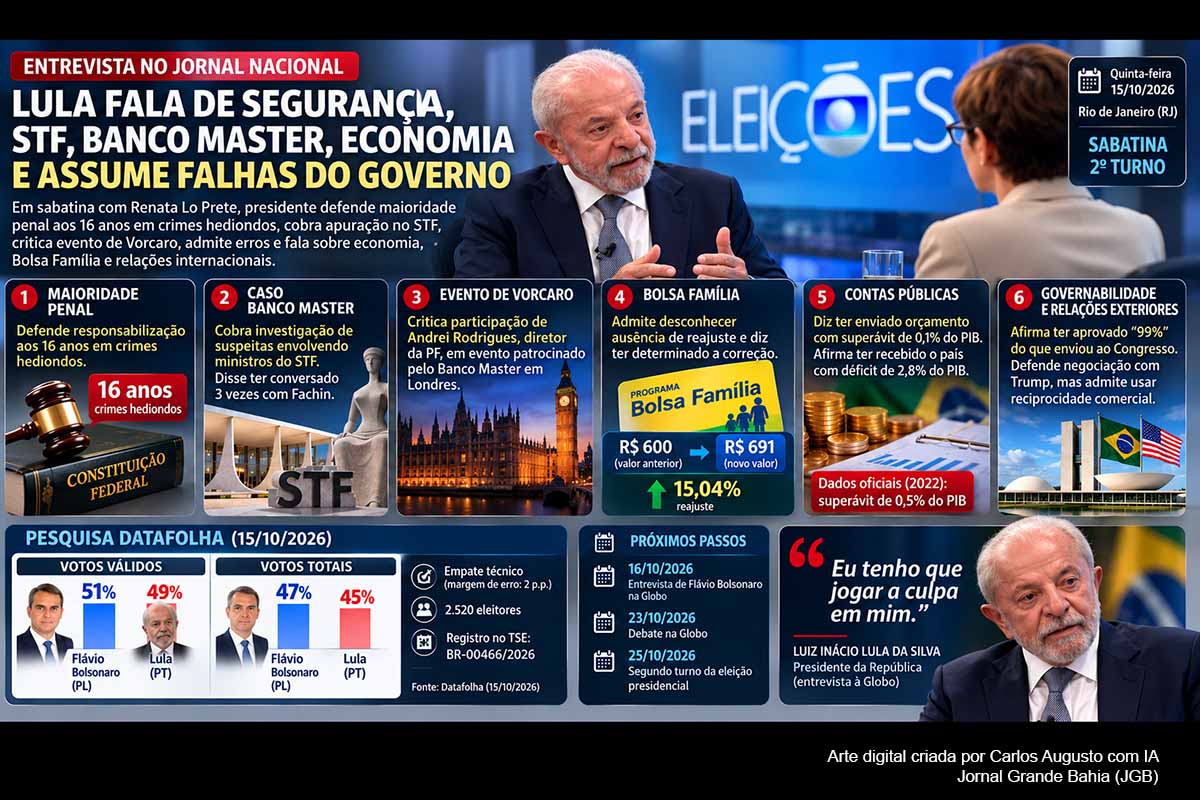 Lula defendeu a redução da maioridade penal para 16 anos em crimes hediondos, cobrou investigação das suspeitas relacionadas ao STF no caso Banco Master e assumiu responsabilidade por dificuldades de seu governo. A entrevista ocorreu em uma eleição tecnicamente empatada contra Flávio Bolsonaro. Declarações fiscais do presidente foram contestadas por dados oficiais, enquanto Congresso, STF, PGR e PF concentram os principais desdobramentos institucionais antes da votação de 25/10/2026.