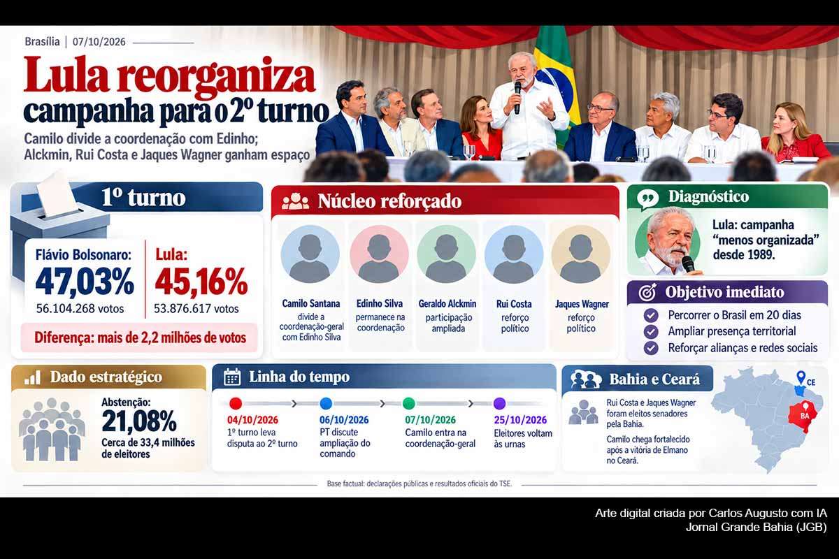 Lula reorganizou a campanha presidencial após terminar o primeiro turno atrás de Flávio Bolsonaro, por 47,03% a 45,16%. Camilo Santana passou a dividir a coordenação-geral com Edinho Silva, enquanto Geraldo Alckmin, Rui Costa e Jaques Wagner ganham espaço na estratégia. A campanha pretende ampliar mobilização territorial, redes sociais e alianças partidárias antes do segundo turno, marcado pelo TSE para 25/10/2026.